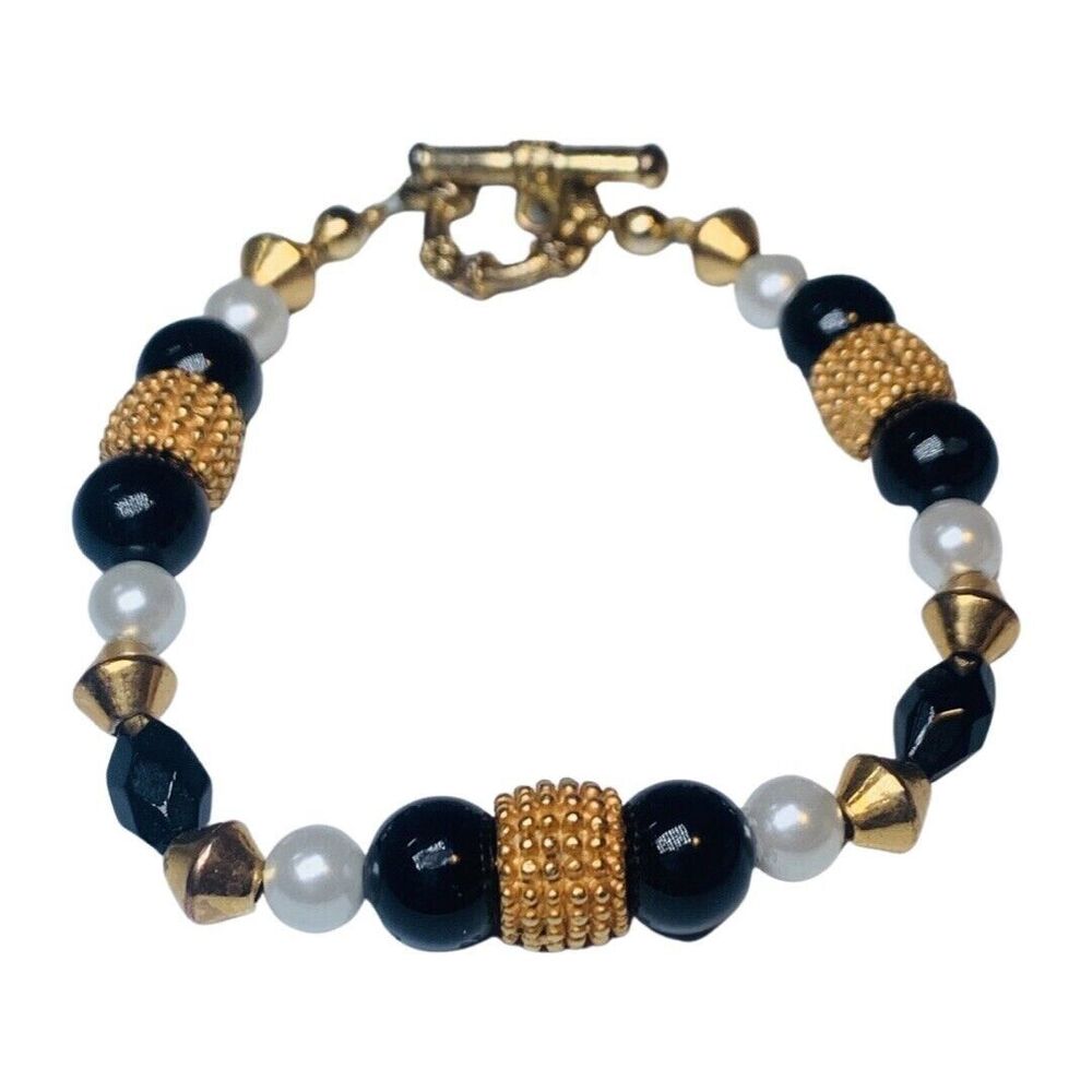 Black White Gold Pearl Beaded Bracelet 7.5”